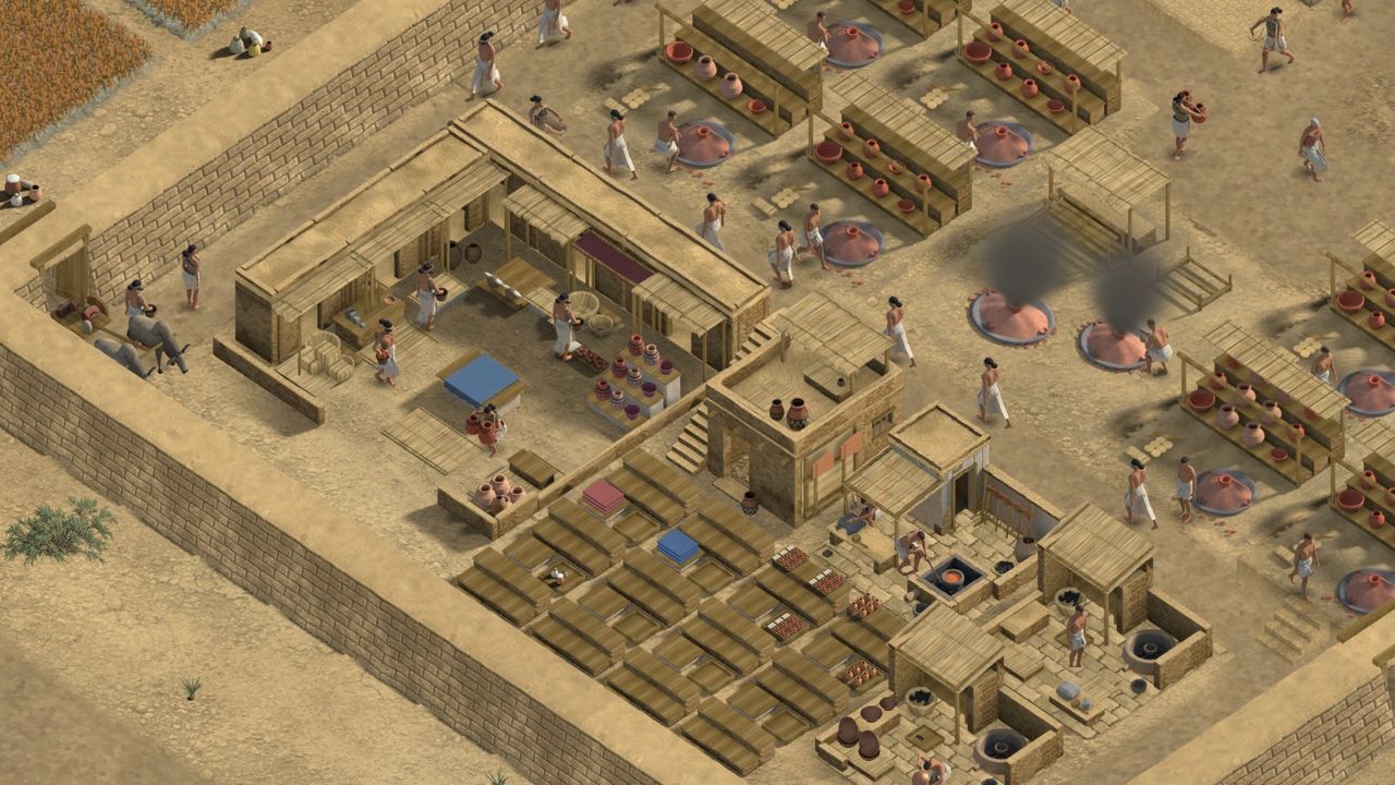 A walled craft quarter: a trading yard, pottery racks, smoking kilns and copper workshops.