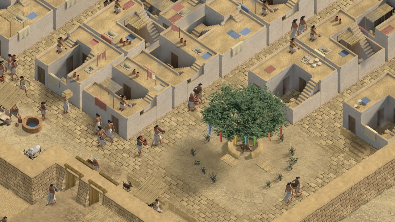 Plastered courtyard houses around a shade tree hung with cloth, with a well and people in the lane.