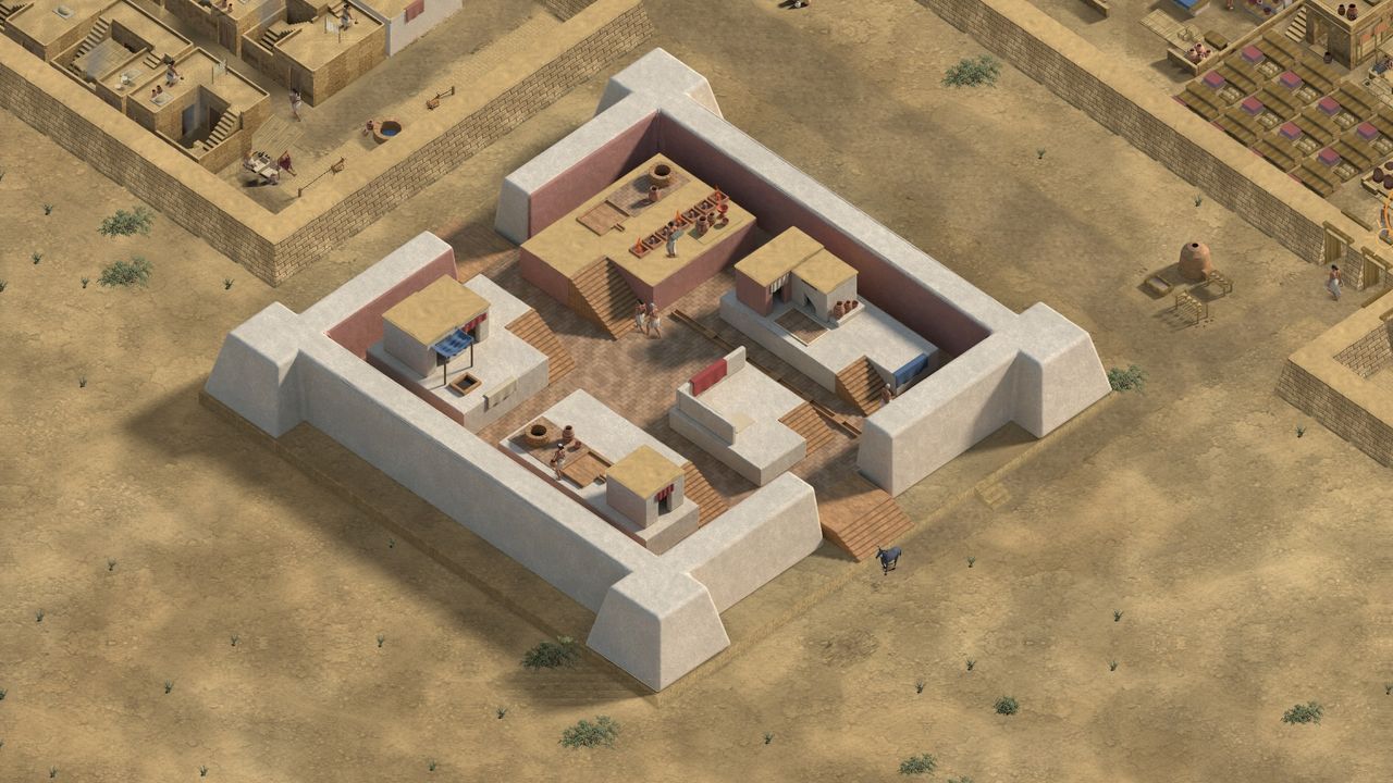 A white-walled ceremonial precinct with raised platforms, steps and an altar.