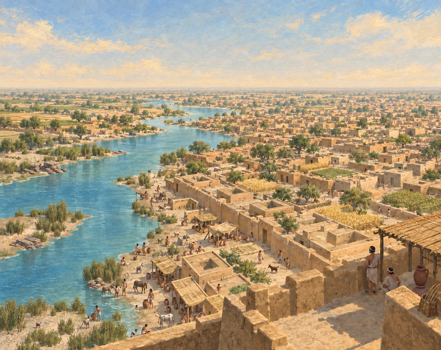 Painting of an Indus town beside a river, seen from the top of a wall: flat-roofed brick houses, potters at the water's edge, fields beyond.