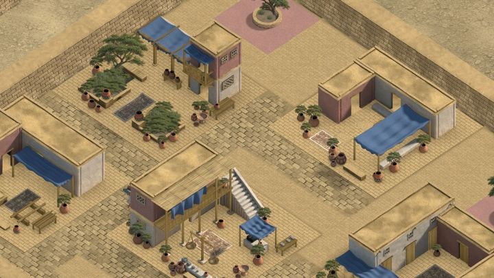 Civic buildings around brick-paved courts, with blue cloth shades and potted trees.